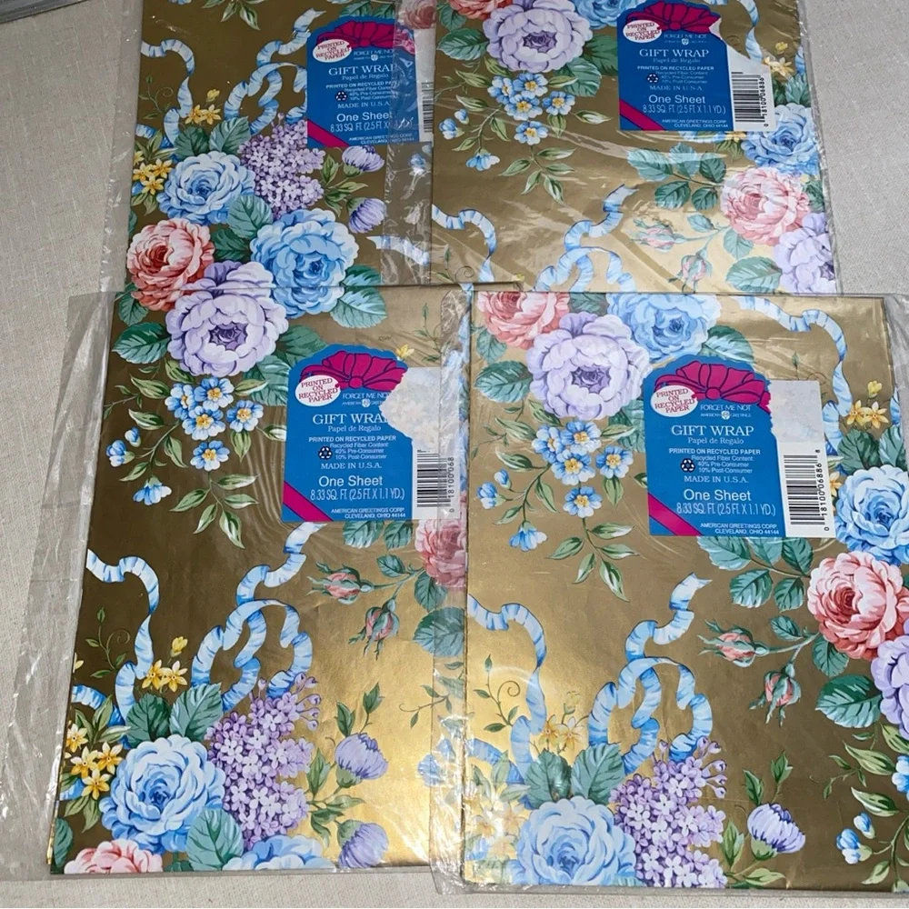 American Greetings Vintage‎ Gold Multiple Color Floral Gift Wrap 4 Sheets Sealed